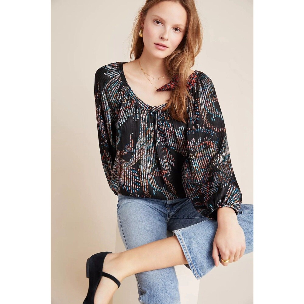 ANTHROPOLOGIE MAEVE Womens Top Blouse XS Madeira Velvet Burnout Satin Multicolor
